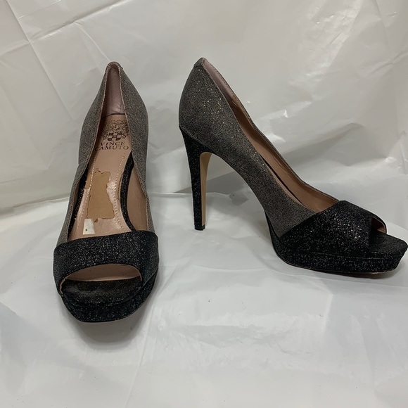 VINCE Camuto Timmons Gray Black Sparkle Open Toe Heel  Size 8.5B - Picture 1 of 10